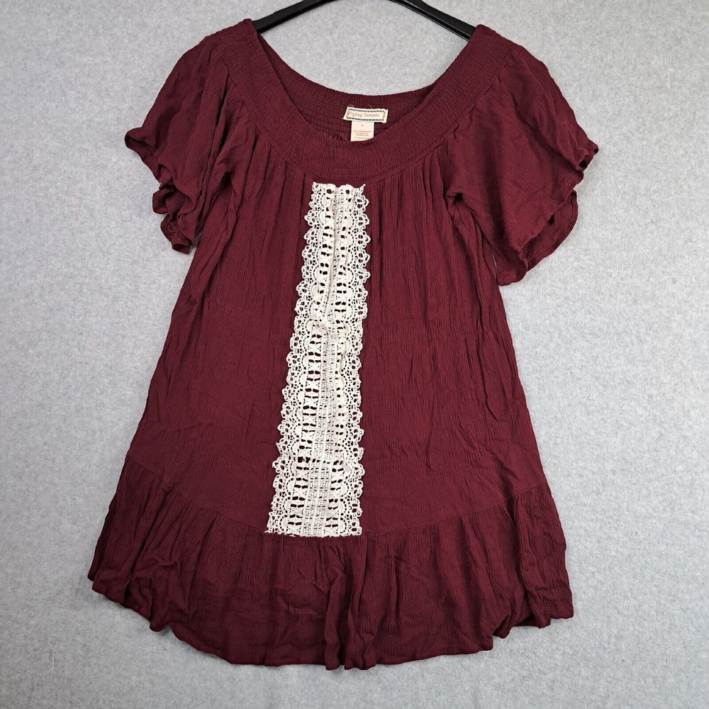 Flying Tomato Burgundy Tunic Lace Accent Size Large Off Shoulder Ruffle Elastic